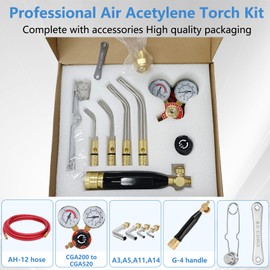 Professional Air Acetylene Torch Kit Fuel Gas kit 11 pieces Turbo Torch Kit Include CGA 200 Acetylene Regulator,G-4 Handle, AH-12 Hose, A-3, A-5, A-11, A-14 tips, Adaptor CGA200 (MC) To CGA520 (B)