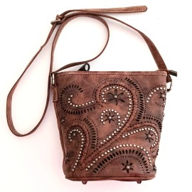 Montana West  Tooled Crossbody Bucket Silver Studs Brown Vegan Faux Leather