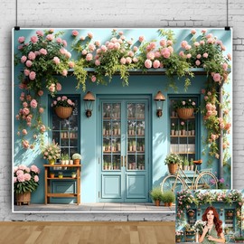 Spring Floral Backdrop 10x8ft Blooming Flower Store Blue Door Spring Backdrops for Photography Doorway Background for Easter Party Birthday Family Girls Princess Portrait Studio Photo Booth Props