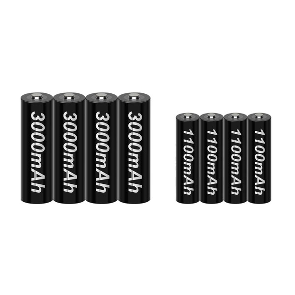 Tenberly - Paquete de 8 baterías recargables AA AAA con 4 paquetes de baterías recargables AA de 3000 mAh y 4 paquetes de baterías recargables AAA de 1100 mAh 1.2 V NiMH