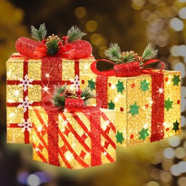 TWINGLEHOME [Extra Large 15"+13"+10.5" 91 LED Christmas Set of 3 Lighted Gift Boxes Decorations Gift Boxes