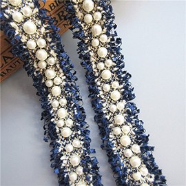 Yalulu 5 Yards Nylon Pearl Beaded Embroidered Lace Trim Ribbon Fabric Handmade DIY Costume Dress Sewing Supplies Craft (Navy Blue)