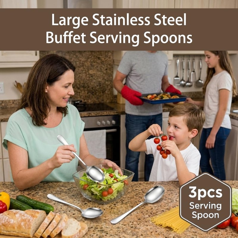 3 PCS Large Serving Spoons Stainless Steel Serving Utensils (Silver)