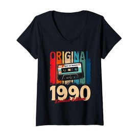 Womens 35th Birthday Man Gift August 1990 Vintage Cassette gifts V-Neck T-Shirt