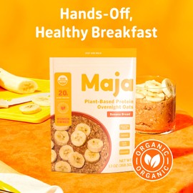 Maja Organic Plant-Based Protein Oats - Banana Bread Overnight Oats, 5 Servings (68g) Vegan, Gluten Free Oats, Delicious Instant Oatmeal, Quick & Filling Breakfast with Clean Ingredients