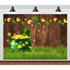 CORFOTO 5x4ft Fabric St. Patrick's Day Backdrop Green Gold Coin Pot Green Grass Backdrop Lucky Irish Shamrock Board Photography Backdrop Party Decor Banner Photo Booth Prop