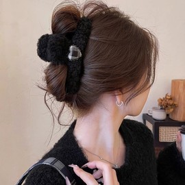 Stylish Lamb Wool Love Plaid Hair Claw Clip for Women, New Cute Design Grip54 Free Size/G08-2 Dark Brown [Plaid Love] 20ea