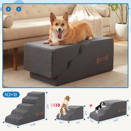 5-Step Spliceable Pet Stairs: Indoor& Outdoor Multi-Use with a Removable Cover and a Pocket, Best for Small Pets and Older Dogs Who Has Spine and Arthritis Issues to Get on High Beds, Grey（22.8" H