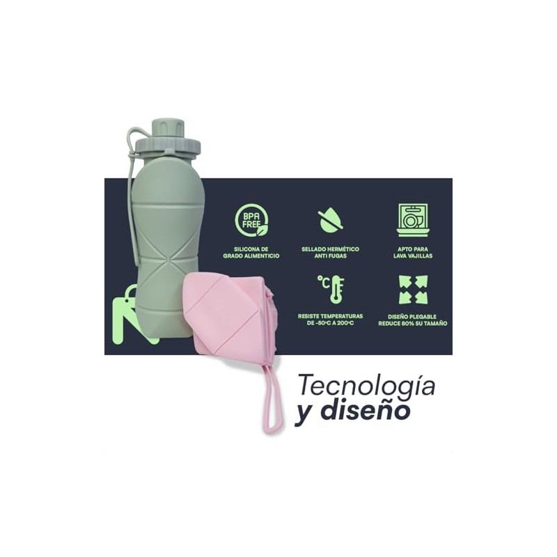 Termo Plegable de Silicona 600 ml, Botella Portátil Antiderrames para