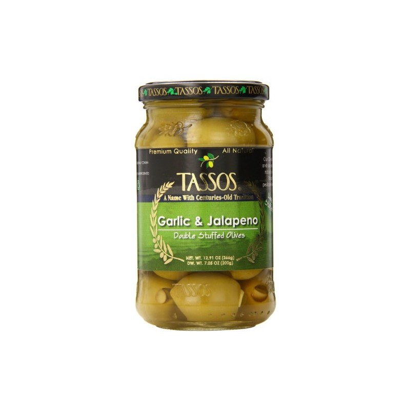 Tassos Stuffed Green Olives, Garlic Jalapeno, 13.1 Ounce
