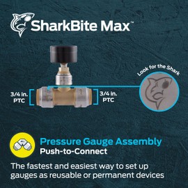 SharkBite Max 3/4 x 3/4 in Pressure Gauge Tee, Push-to-Connect Brass Plumbing Fitting, UR24438