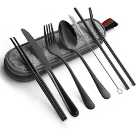 Portable Stainless Steel Flatware Set - Travel Camping Cutlery, Portable Utensil Dinnerware Set (Black)