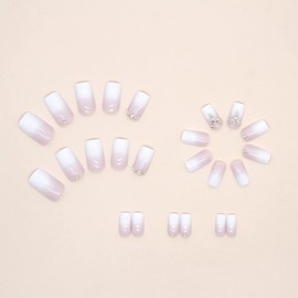 Press on Nails Coffin Medium Length Natural, 24 Pcs Full Cover Reusable Square False Nails with Glue Artificial Acrylic Fake Nails with Rhinestone Designs, Stick on Nails for Women Glue on Nails White