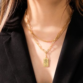 TEAMER Double Layer Necklace Vintage Tarot Jewelry Good Luck Amulet Pendants Stainless Steel Necklace (Gold-THE HIGH PRIESTESS)