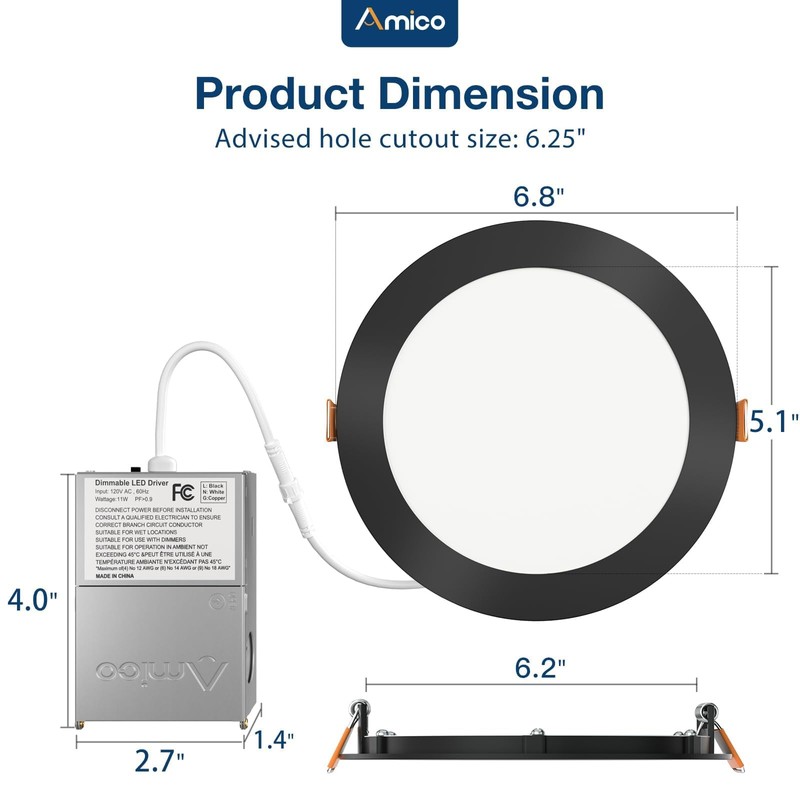 Amico 6 Pack 6 Inch 5CCT Ultra-Thin LED Recessed Ceiling