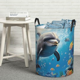 Rongliu Laundry Basket Waterproof Laundry Hamper for Bathroom Cute Dolphin Laundry Baskets Circular Storage Basket with Handles Lightweight Dirty Clothes Hamper for Bedroom Dorm, Medium, Black, 11086