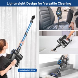 Cordless Vacuum Cleaner, Lightweight Stick Vacuum with 2200 m-A-h Battery, 40 Mins Max Runtime, 6-in-1 Power Suction Rechargeable Vacuum Cleaners for Home, Hardwood Floor, Low-Pile Carpet