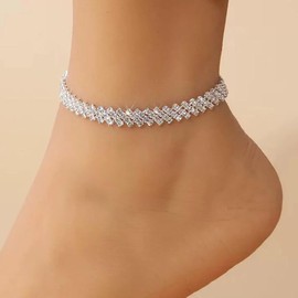 Andelaisi Boho CZ Anklet Bracelet Vintage Crystal Rhombus Anklet Chain Silver Sparkly Irregular Foot Chain Rhinestone Gypsy Link Bracelet Jewelry for Women Jewelry for Women