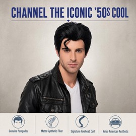 Bettecos Mens 50s Costume Wig with a Front Curly Hair- Short Black Wigs for Men Halloween Cosplay Party (Adults)