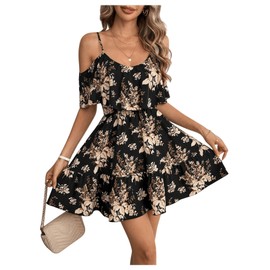 SOLY HUX Women's Boho Floral Print Cold Shoulder Dress Short Sleeve Ruffle A Line Vacation Elegant Mini Dresses Black Medium