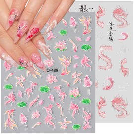 Koi Fish Nail Stickers Chinese Style Hand Drawn Loong Phoenix Nail Art Stickers 5D Embossed Nails Decals Pink Cute Dragon Nails Design Sticker Spring Summer Manicure Supplies for Women DIY 3Sheets