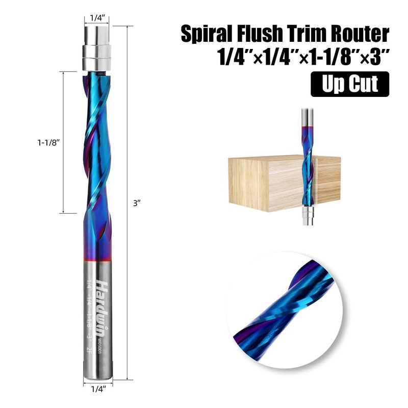 HARDWIN Up-Cut Spiral Flush Trim Router Bit for Wood 1/4"