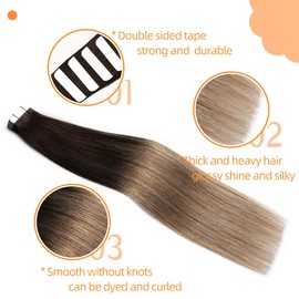 VINBAO Tape In Hair Extensions Human Hair Ombre Balayage Color 2/6/18 Ash Blonde Extensions Real Hair Glue In Extensions 50 Grams 20pcs Tape Hair Extensions Straight Hair Extensions (T14Inch, #2/6/18)