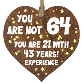 64th Birthday Gift For Women Men Wooden Heart Plaque, Dark Wood Sign Keepsake, Happy Birthday Mum, Grandma, Dad, Husband, Wife, Uncle, Mum Gifts From Son, Nan, Grandad Birthday Present