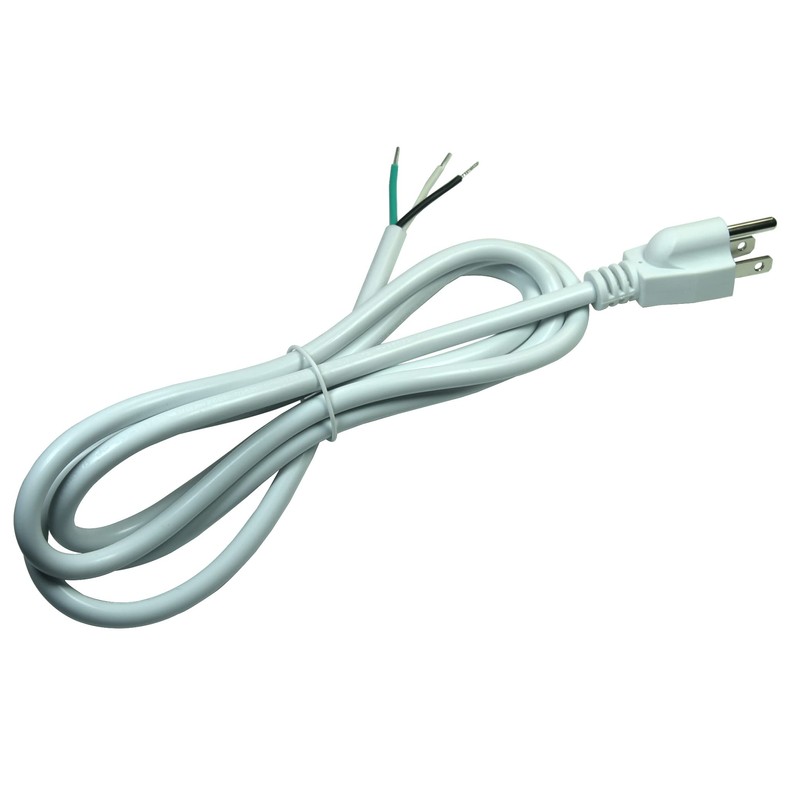 White 18AWG 3-Prong Power Cord with Open Wiring, 10Amp Max,