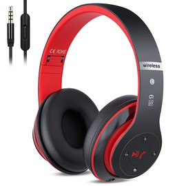 Bluetooth Headphones Over Ear, 6 EQ Modes Wireless Headphones Over Ear, 60 Hours Playtime Foldable Lightweight Wireless Headphones, with Built-in HD Mic, Black Red