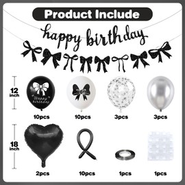 Black Bow Birthday Decorations,Bow Coquette Party Decorations with Happy Birthday Banner Black Silver white Bow Balloons Heart Foil Balloons for Girls Women Bow Theme Decor