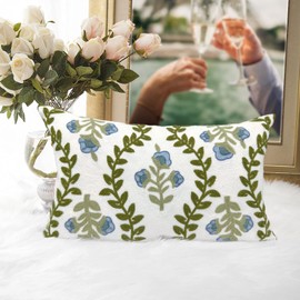 Alysheer Summer Floral Embroidered Decorative Throw Pillow Cover 12"x 20", Farmhouse Blue Flowers Green Leaves Patterned Cotton Canvas Lumbar Cushion Case for Sofa Couch Living Room Cottage Decor
