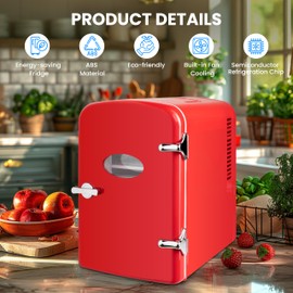 Simple Deluxe 4L Portable Mini Fridge Warmer and Cooler Six 12oz Cans Compact Refrigerator, 100% Freon-Free & Eco Friendly, 4 L, Red