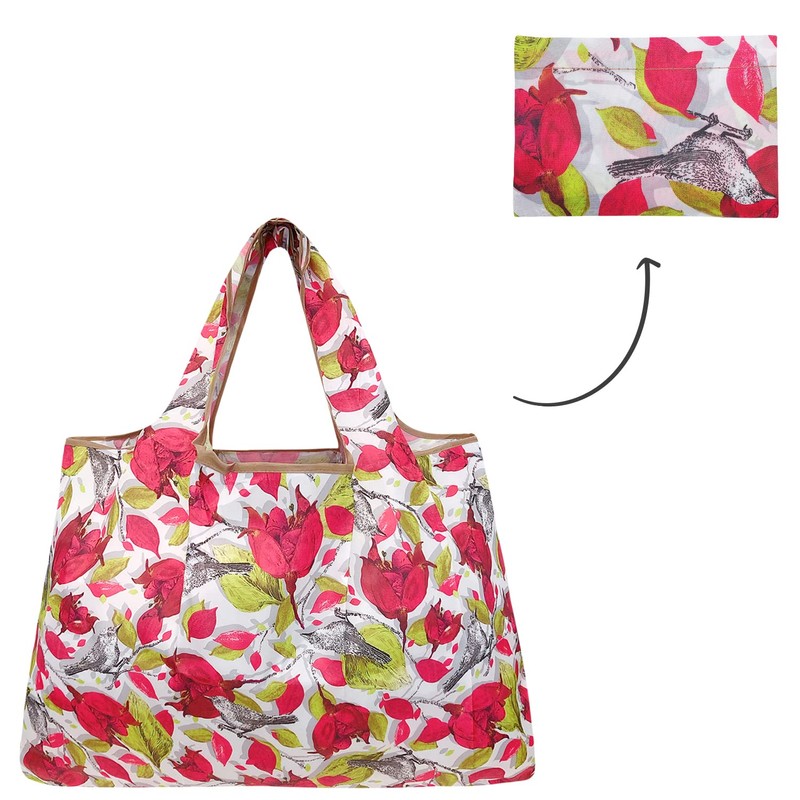 allydrew Large Foldable Tote Nylon Reusable Grocery Bag, Red Floral