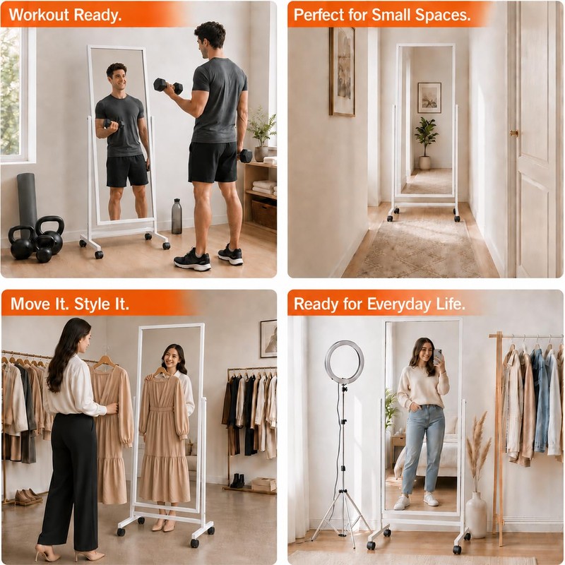 Full Length Mirror with Wheels, 65"x22" Freestanding Floor Mirror with