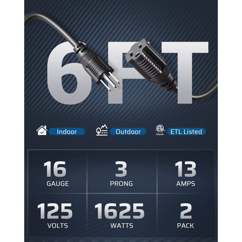 DEWENWILS 2 Pack Outdoor Extension Cord 6ft , 3 Prong