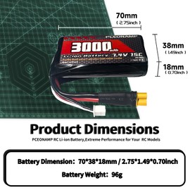 PCEONAMP 7.4V Li-ion Battery 3000mAh 2S with XT30 Plug Rechargeable High Capacity RC Battery fit for Huina 580 582 583 594 Remote Control Excavator with 2 USB Charger Cable