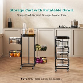 Ocyfym 4 Tier Kitchen Vegetable Storage Cart Fruit Basket with Rotating Bowls, Rolling Cart on Wheels with Wire Mesh Basket, Small Metal Pantry Organizer Stand Holder for Onion Potato, Black & Rustic
