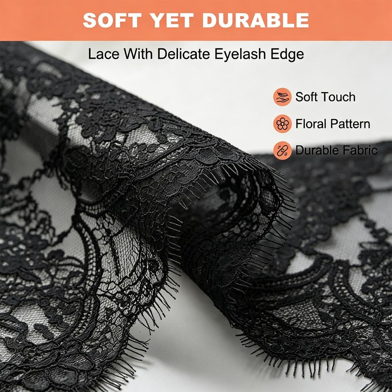 16.5" Wide 3.2 Yard Black Eyelash Lace Fabric,Floral Embroidery Trim