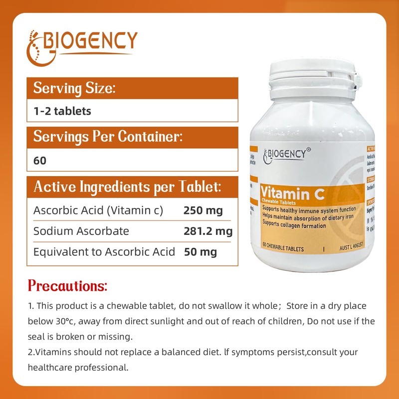 Biogency Biogency 60 Tablet Vegan Food Vitamin C Chewable Supplement