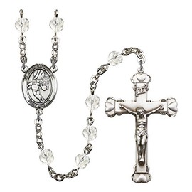 Guardian Angel/Basketball Silver-Plated Rosary 6mm April Crystal Fire Polished Beads Crucifix Size 1 5/8 x 1 medal charm
