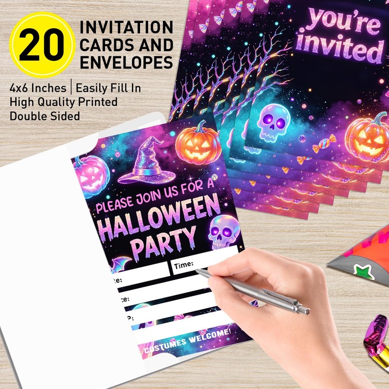 Neon Halloween Party Invitations Set of 20, 4"x6" Witch Theme
