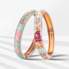 UJOY Vintage Cloisonne Bracelets Flower Enameled Jewelry Gold Plated Cuff Bangle for Women Gift Box 55A35-55A113 Light Green