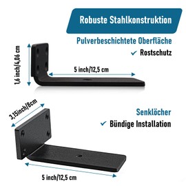 Pack of 2 Shelf Brackets, Shelf Brackets, 12.5 cm, Heavy Duty Shelf Bracket for Wall Mounting, Floating Wall Shelf Bracket (5 mm Thick), Black