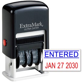 ExtraMark Ultra Dater Self-Inking Rubber Date Office Stamp with Entered Phrase & Date - Style 3, Blue/Red Ink, 12-Year Band