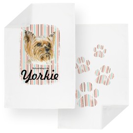 Purely Home Yorkie & Paw Prints Tea Towel Set - House Belongs to the Dog Gift Set - Mixed Pack of 2 Striped Panama Cotton Kitchen Dish Towels/Drying Cloths