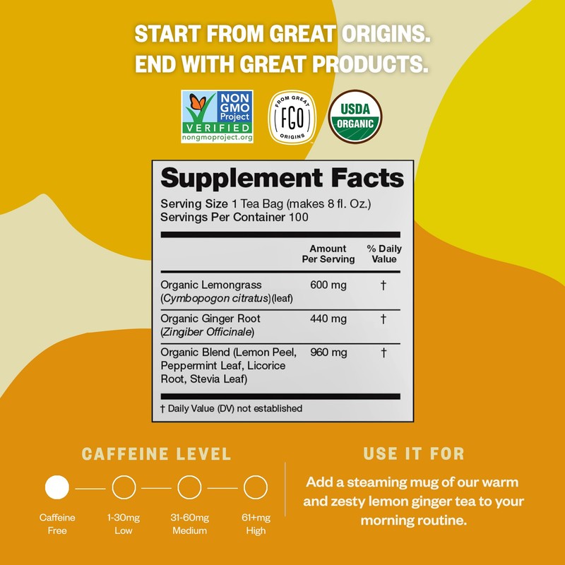 FGO Organic Lemon Ginger Tea, 100 Count, Eco-Conscious Tea Bags,