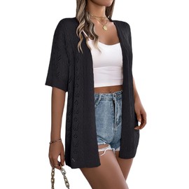Spicy Sandia Women's Short Sleeve Crochet Cardigan Sweater for Summer Lightweight Dressy Casual Open Front Boho Black L