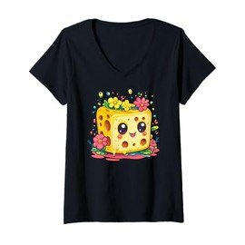 Womens Cheese Block With Flowers V-Neck T-Shirt