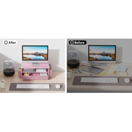 gianotter Wood Monitor Stand Riser, Desk Organizer with Drawer and 2 Pen Holders, 2-Tier Workspace Organizer for Office Supplies(Pink Wood)